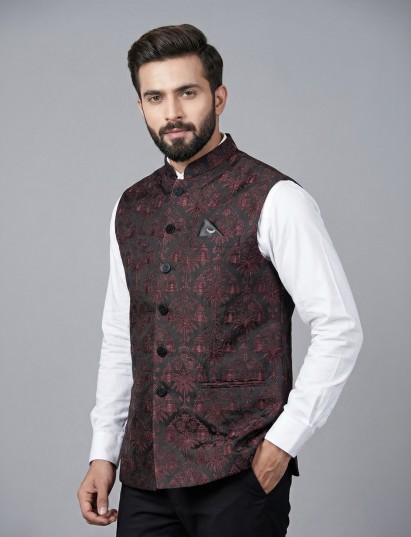 Black banarasi rayon cotton waistcoat with rich ethnic touch