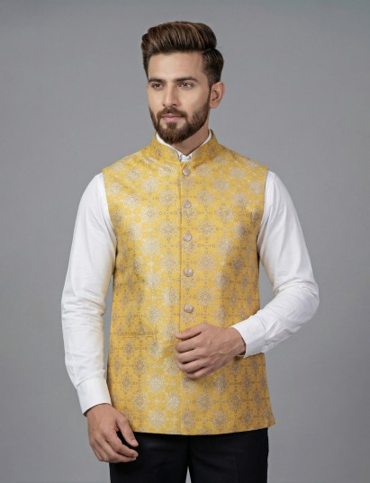Yellow silk blend jacquard waistcoat with zari woven charm