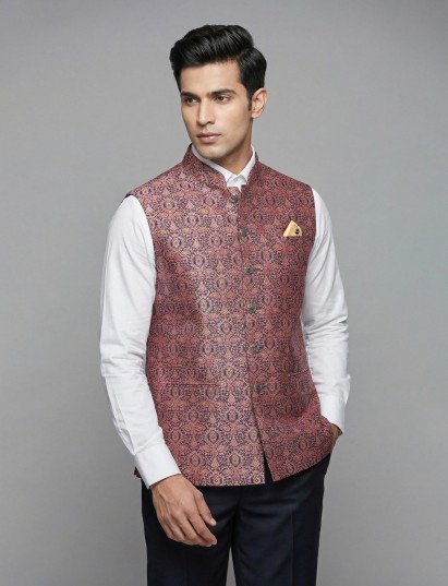 Wine silk embroidered waistcoat with royal festive look