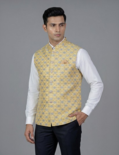 Yellow cotton silk printed waistcoat with resham detailing