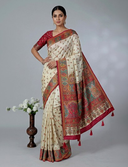 Cream art pashmina silk saree with delicate embroidered charm