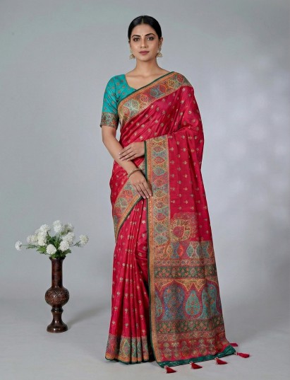 Magenta art pashmina silk saree styled for festive occasions