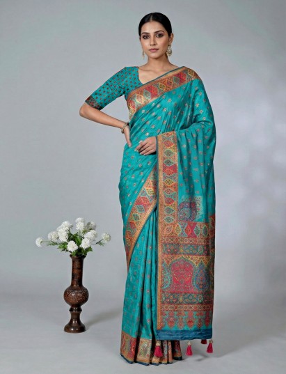 Sky blue art pashmina silk saree with refined embroidery work
