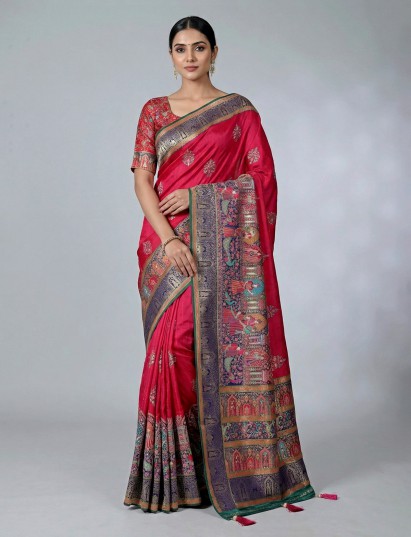 Pink art pashmina silk saree highlighted with rich embellishments