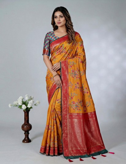 Mustard yellow art pashmina silk saree adorned with shimmering sequins
