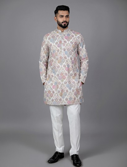 Cream cotton silk printed kurta suit with resham work