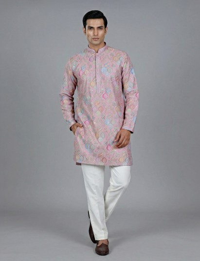 Light pink cotton silk printed kurta suit with resham and sequin work