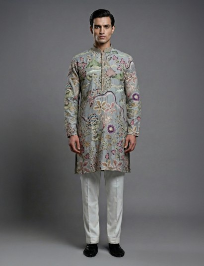 Grey cotton silk printed kurta suit with resham and sequin work