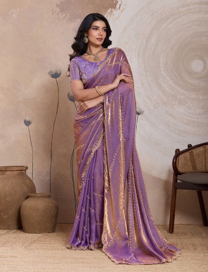 Lavender purple velvet satin silk luxury saree