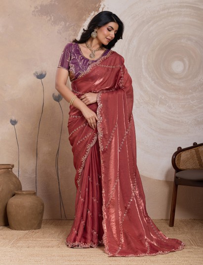 Wine velvet satin silk bridal embellished saree