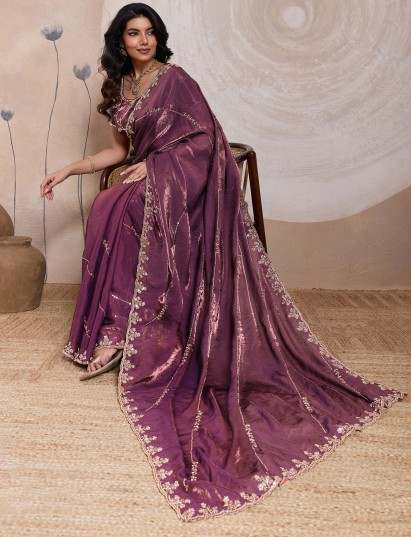 Purple velvet satin silk opulent party saree