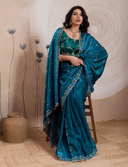 Rama blue velvet satin silk designer saree
