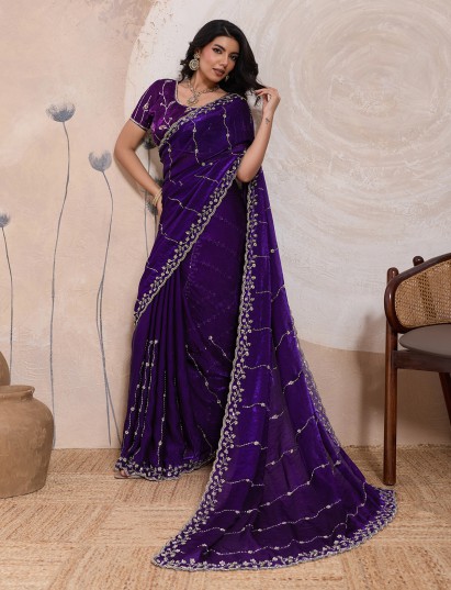 Purple velvet satin silk heavy party saree