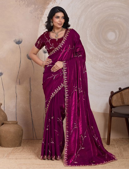 Rani velvet satin silk statement embellished saree