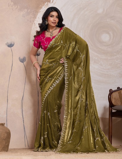 Olive velvet satin silk mehndi festive saree