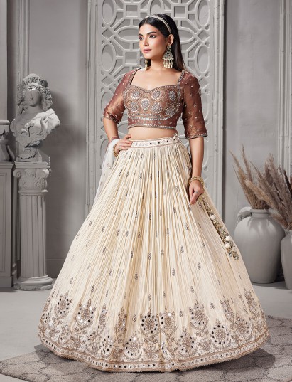 Cream brown mirror work designer lehenga choli