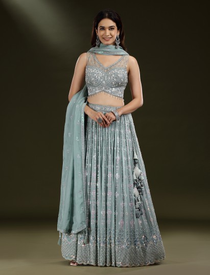 Mint blue diamond work georgette lehenga choli