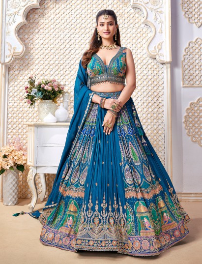 Blue colorful motif wedding wear lehenga choli