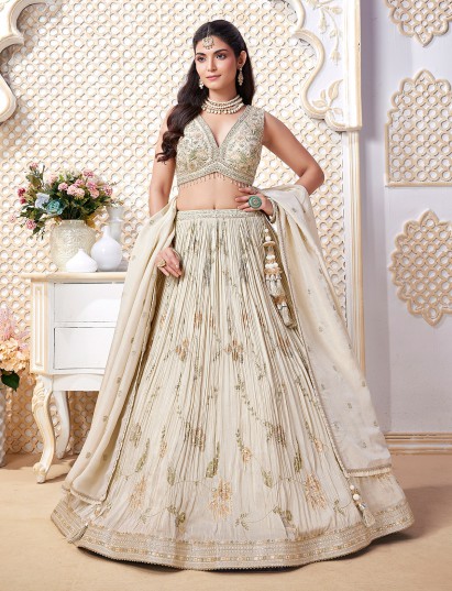 Cream diamond embellished silk lehenga choli