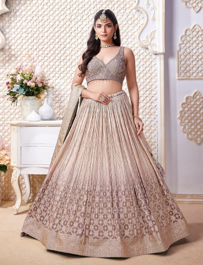 Beige and purple shaded zari work lehenga choli