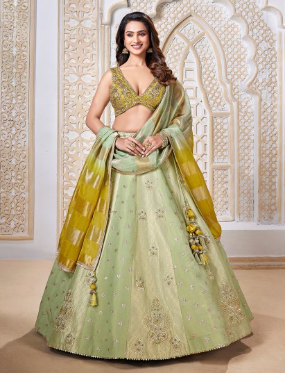 Pista green zari work designer lehenga choli