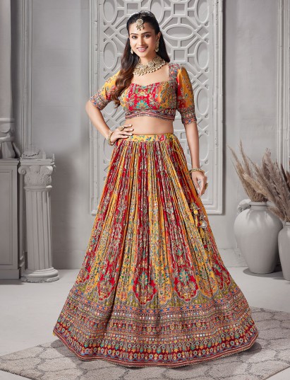 Yellow red printed gota festive lehenga