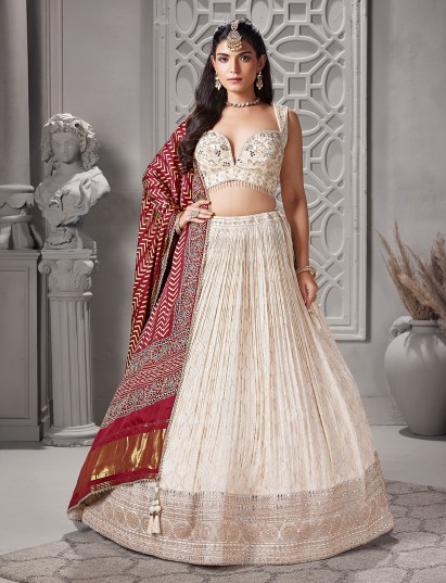 Cream designer lehenga choli with contrast dupatta