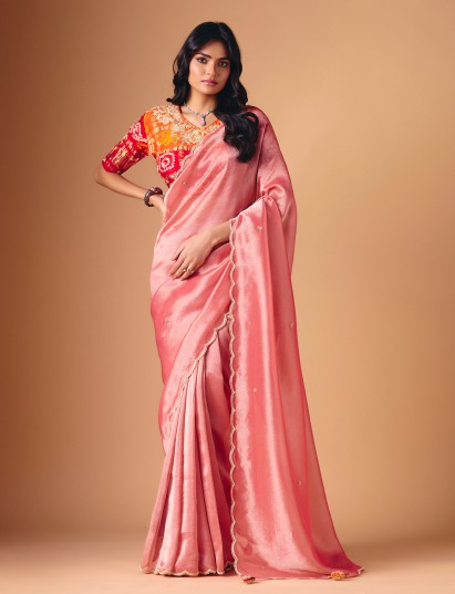 Peach tissue silk embellished saree