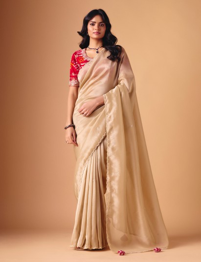 Beige tissue silk reception wear embellished saree