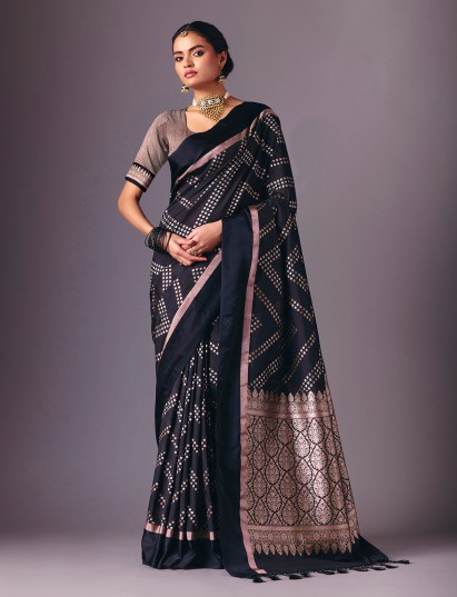 Black semi silk zari weave saree