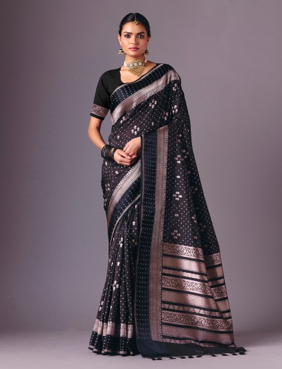 Black semi silk zari work saree