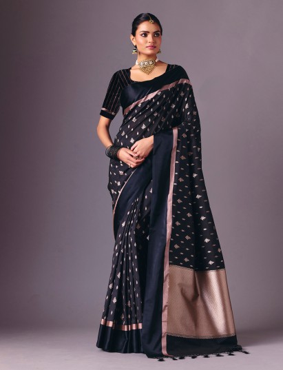 Black semi silk zari work party wear saree