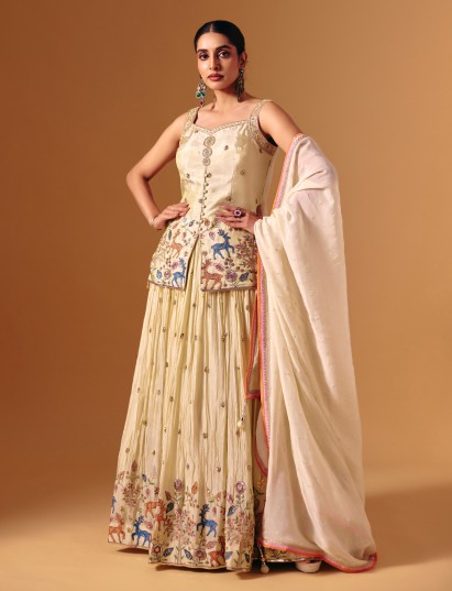 Cream silk sweetheart neck embroidered work lehenga choli