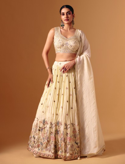 Cream silk mirror and diamond work lehenga choli