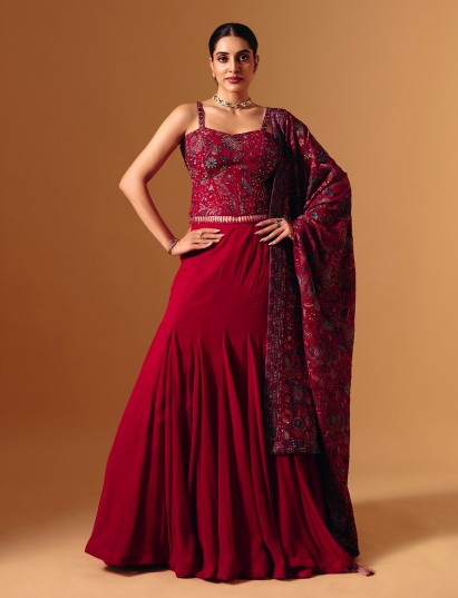 Maroon stone embellished georgette lehenga choli