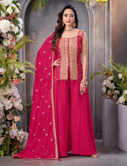 Magenta silk zardosi embellished palazzo salwar suit
