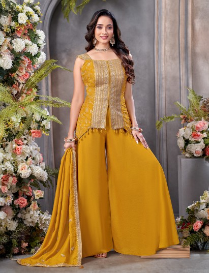 Mustard yellow silk zardosi palazzo salwar suit