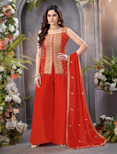 Orange silk zardosi work sleeveless palazzo suit