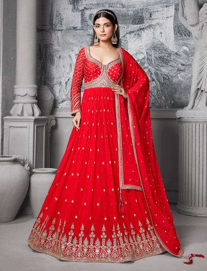 Red pakistani style anarkali silk suit