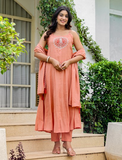 Peach cotton kurti set in round neck