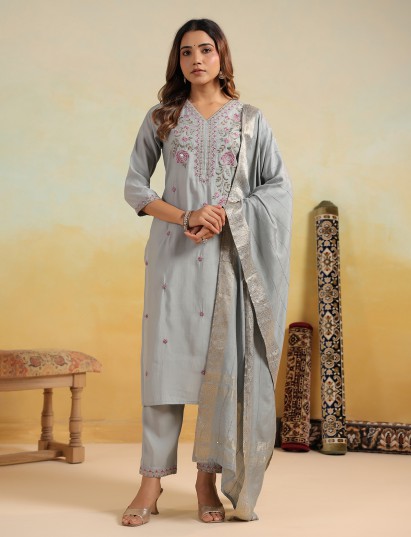 Grey festive wear silk kurti set with embroidery