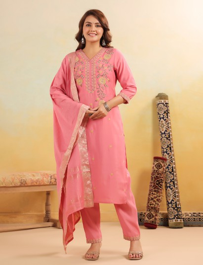 Peach silk embroidery worked kurti set