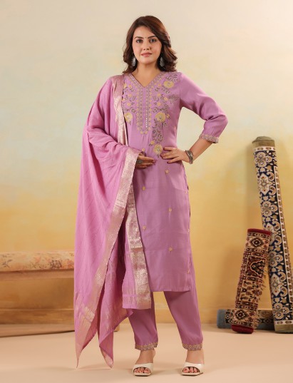 Lilac purple kurti set in silk with wmbroidery