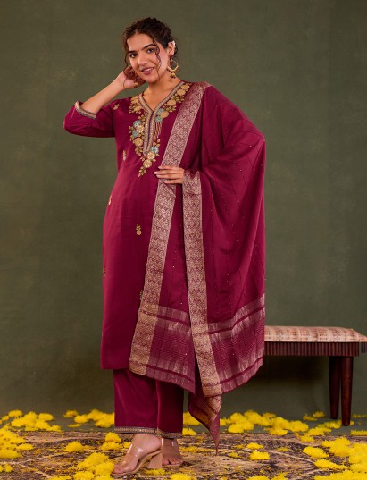 Maroon silk festive wear kurti set with embroidery