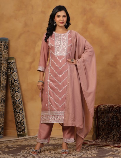 Onion pink embroidered silk kurti set for festive celebration
