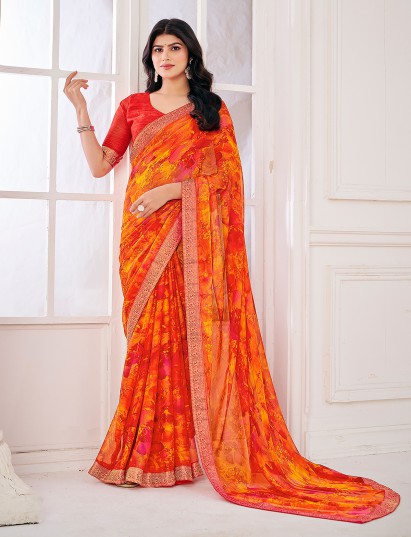Multicolour printed zari work georgette saree