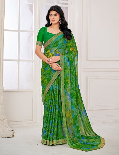 Green printed zari work georgette saree