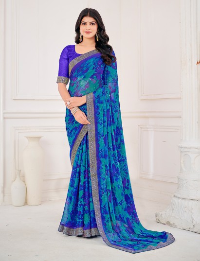 Blue printed zari work georgette saree