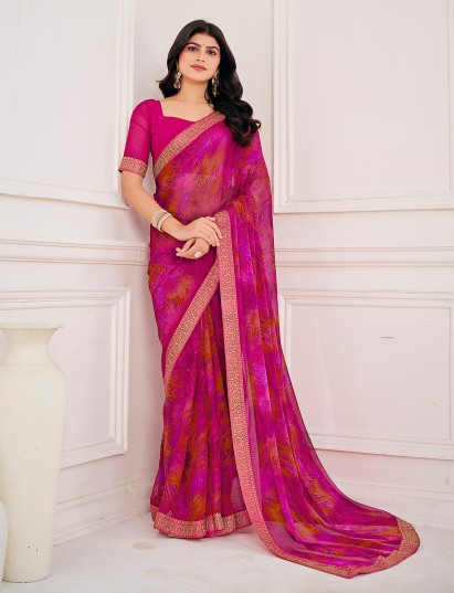 Pink printed zari work georgette saree