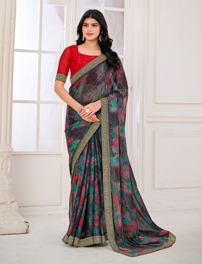 Black printed zari work georgette saree